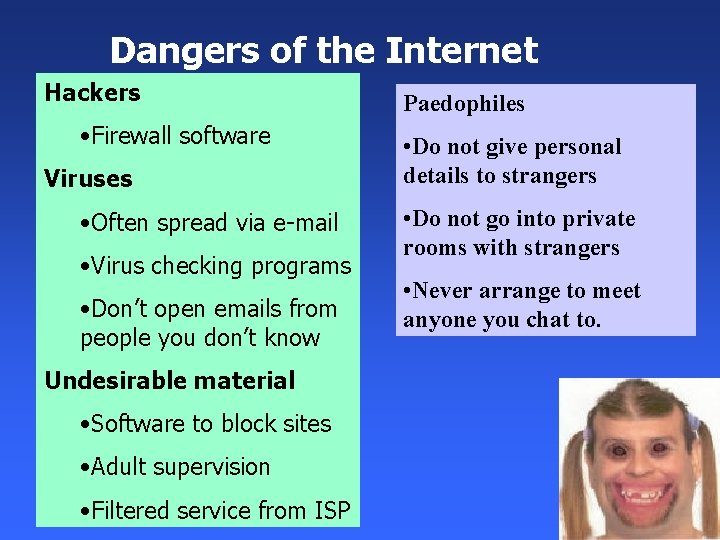 Dangers of the Internet Hackers • Firewall software Viruses • Often spread via e-mail