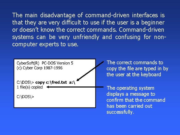 The main disadvantage of command-driven interfaces is that they are very difficult to use The main disadvantage of command-driven interfaces is that they are very difficult to use