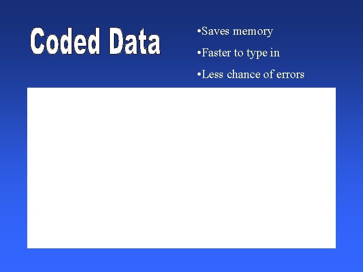 • Saves memory • Faster to type in • Less chance of errors • Saves memory • Faster to type in • Less chance of errors