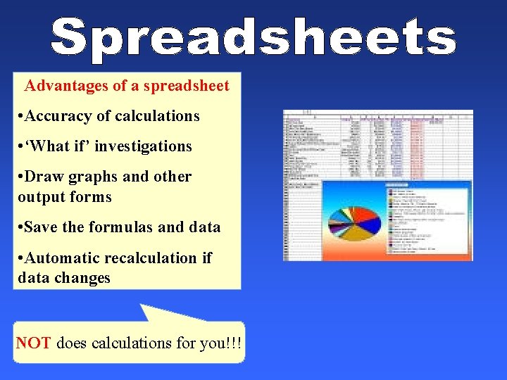 Advantages of a spreadsheet • Accuracy of calculations • ‘What if’ investigations • Draw