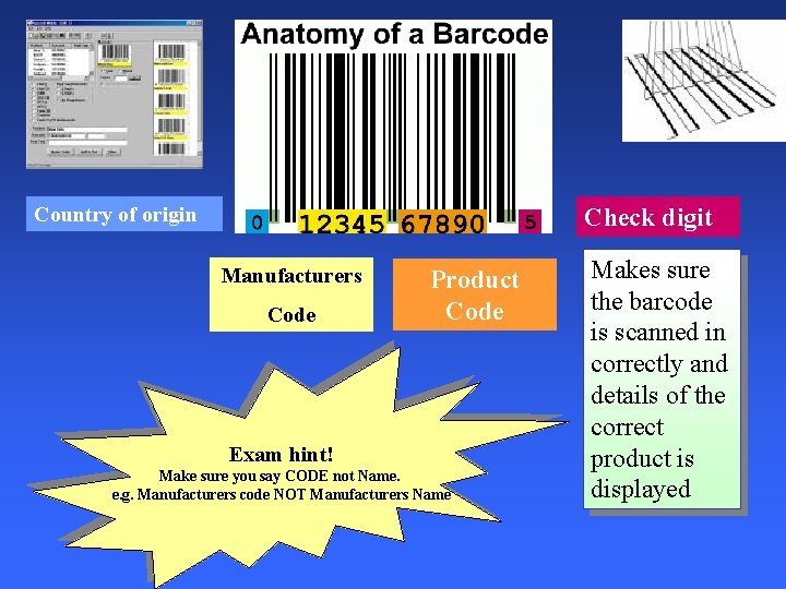 Country of origin Check digit Manufacturers Code Product Code Exam hint! Make sure you