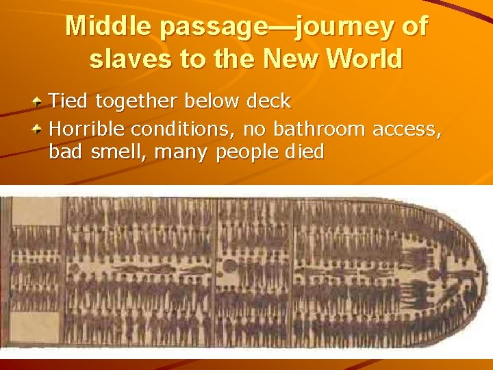 Middle passage—journey of slaves to the New World Tied together below deck Horrible conditions,