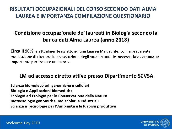 RISULTATI OCCUPAZIONALI DEL CORSO SECONDO DATI ALMA LAUREA E IMPORTANZA COMPILAZIONE QUESTIONARIO Condizione occupazionale