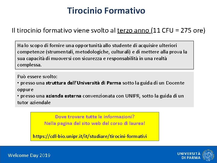 Tirocinio Formativo Il tirocinio formativo viene svolto al terzo anno (11 CFU = 275