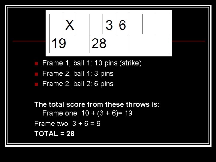 n n n Frame 1, ball 1: 10 pins (strike) Frame 2, ball 1: