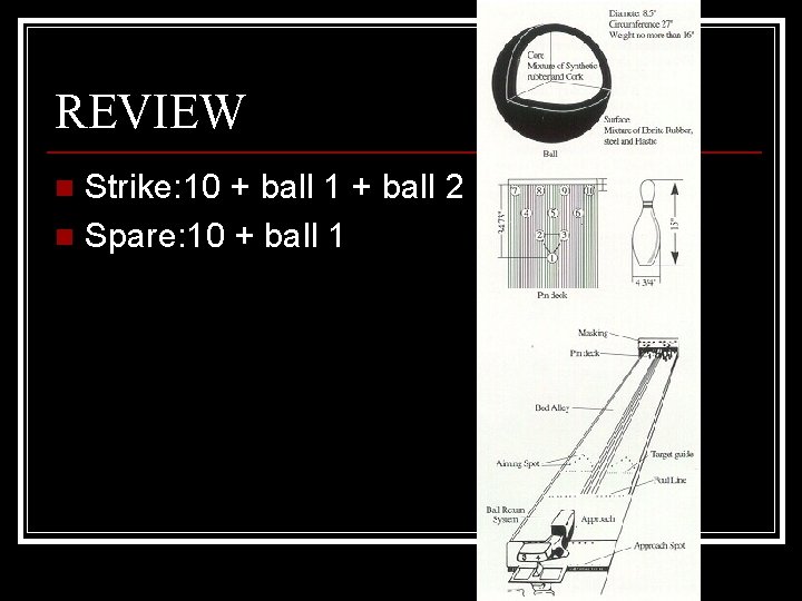 REVIEW Strike: 10 + ball 1 + ball 2 n Spare: 10 + ball