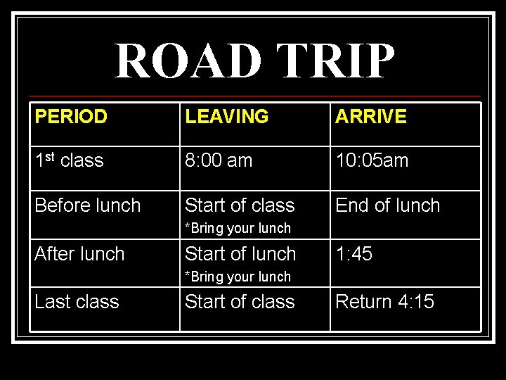 ROAD TRIP PERIOD LEAVING ARRIVE 1 st class 8: 00 am 10: 05 am