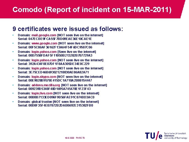 Comodo (Report of incident on 15 -MAR-2011) 9 certificates were issued as follows: •