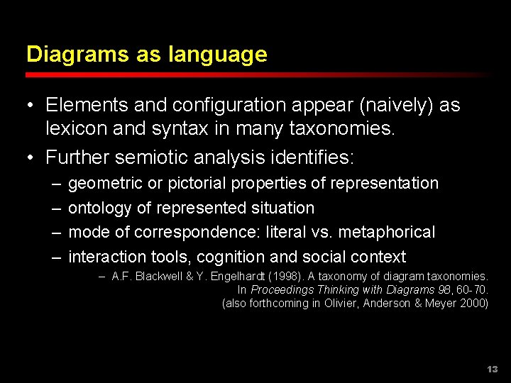 Diagrams as language • Elements and configuration appear (naively) as lexicon and syntax in