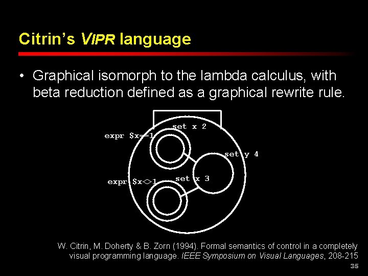 Citrin’s VIPR language • Graphical isomorph to the lambda calculus, with beta reduction defined