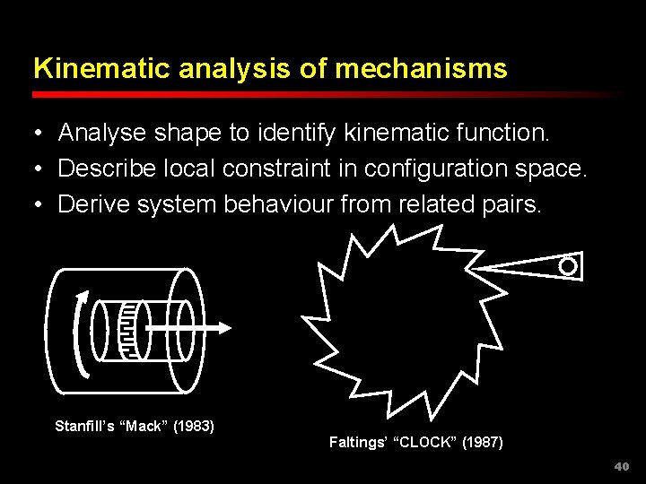 Kinematic analysis of mechanisms • Analyse shape to identify kinematic function. • Describe local