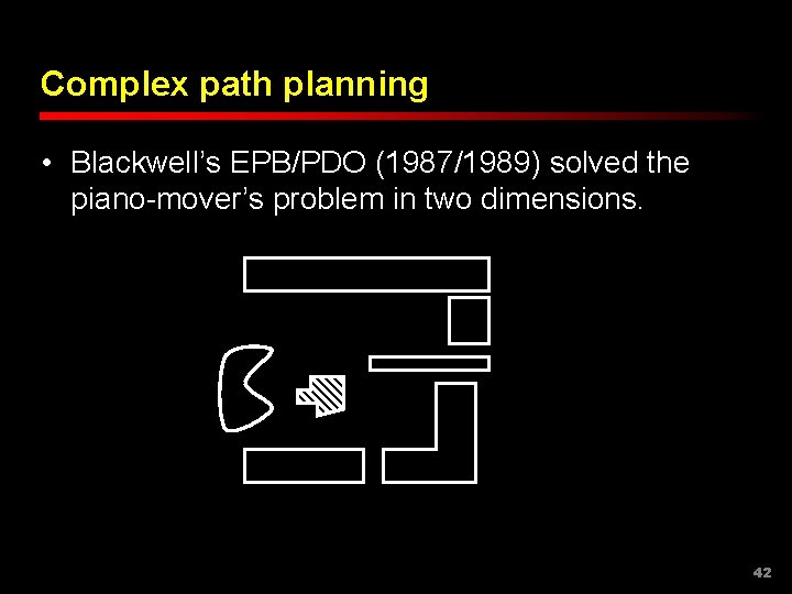 Complex path planning • Blackwell’s EPB/PDO (1987/1989) solved the piano-mover’s problem in two dimensions.