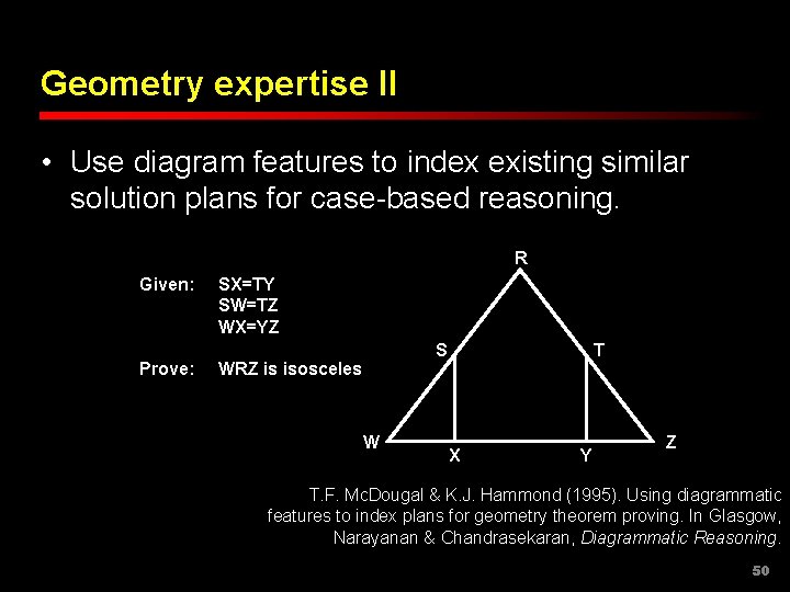 Geometry expertise II • Use diagram features to index existing similar solution plans for