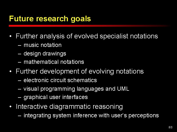 Future research goals • Further analysis of evolved specialist notations – music notation –