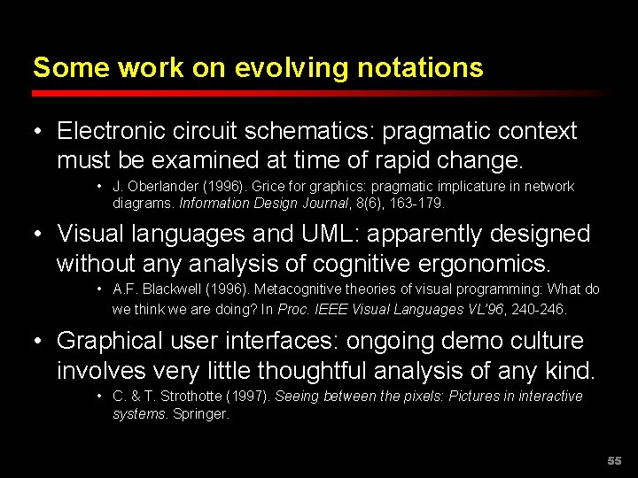 Some work on evolving notations • Electronic circuit schematics: pragmatic context must be examined