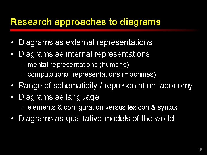 Research approaches to diagrams • Diagrams as external representations • Diagrams as internal representations