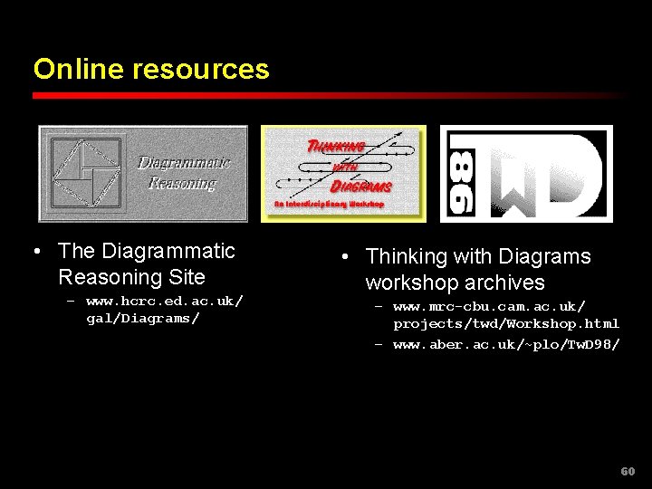 Online resources • The Diagrammatic Reasoning Site – www. hcrc. ed. ac. uk/ gal/Diagrams/