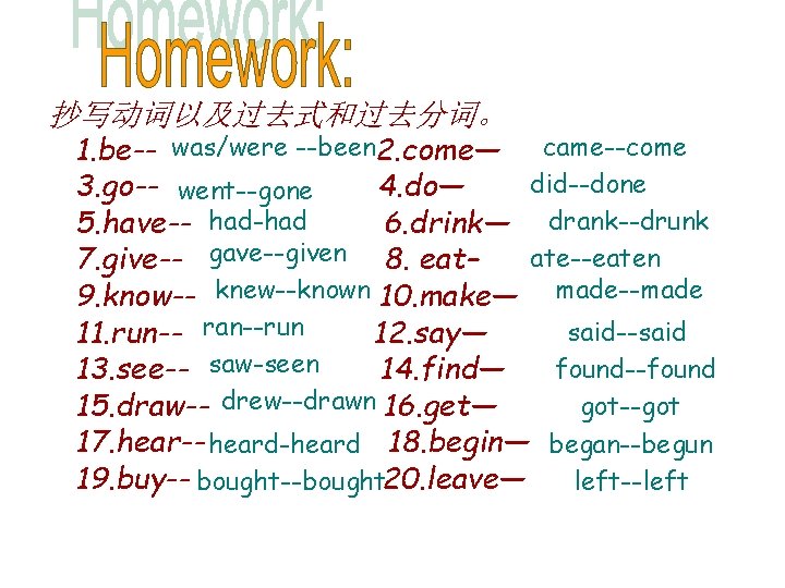 抄写动词以及过去式和过去分词。 1. be-- was/were --been 2. come— came--come did--done 3. go-- went--gone 4. do—