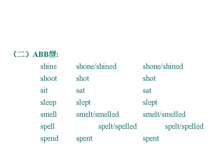 （二）ABB型: shine shone/shined shoot shot sit sat sleep slept smell smelt/smelled spell spend spelt/spelled