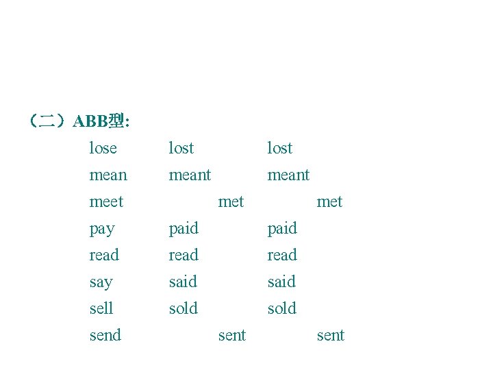 （二）ABB型: lose lost meant meet met pay paid read say said sell sold send