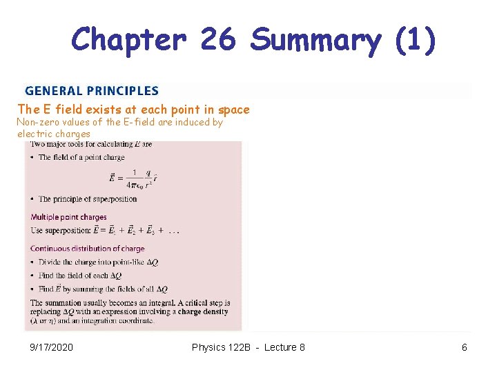 Chapter 26 Summary (1) The E field exists at each point in space Non-zero