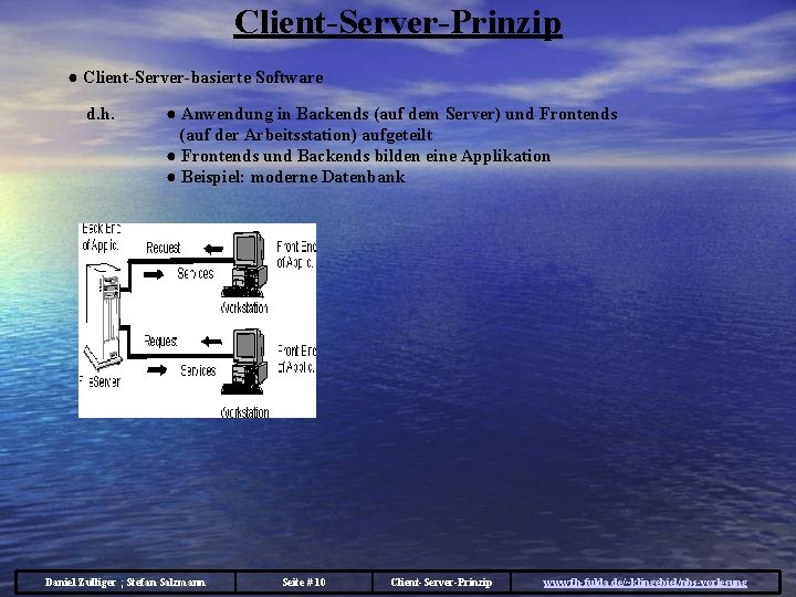 Client-Server-Prinzip ● Client-Server-basierte Software d. h. ● Anwendung in Backends (auf dem Server) und