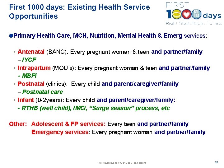 First 1000 days: Existing Health Service Opportunities Primary Health Care, MCH, Nutrition, Mental Health