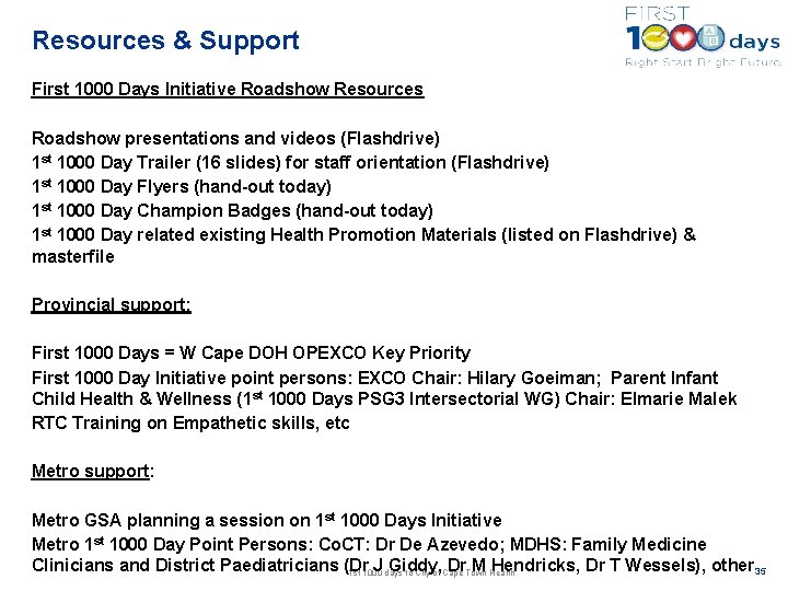 Resources & Support First 1000 Days Initiative Roadshow Resources Roadshow presentations and videos (Flashdrive)