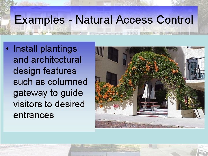 Examples - Natural Access Control • Install plantings and architectural design features such as