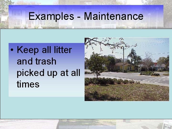 Examples - Maintenance • Keep all litter and trash picked up at all times