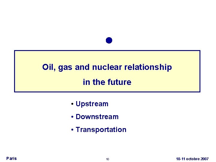  Oil, gas and nuclear relationship in the future • Upstream • Downstream •