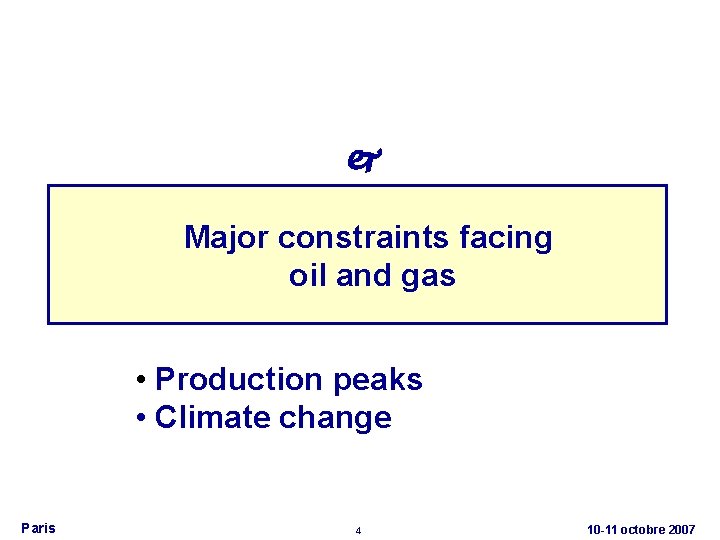  Major constraints facing oil and gas • Production peaks • Climate change Paris
