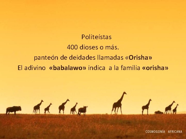 Politeístas 400 dioses o más. panteón de deidades llamadas «Orisha» El adivino «babalawo» indica