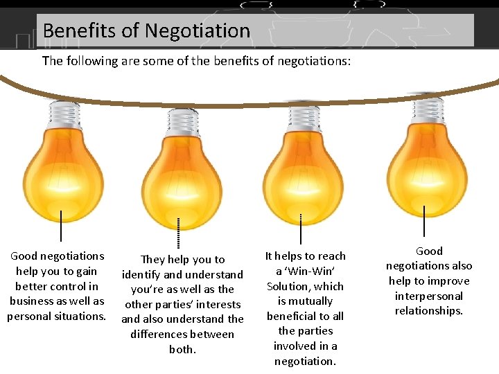 Benefits of Negotiation The following are some of the benefits of negotiations: Good negotiations