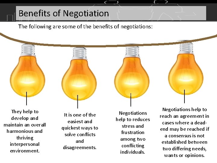 Benefits of Negotiation The following are some of the benefits of negotiations: They help