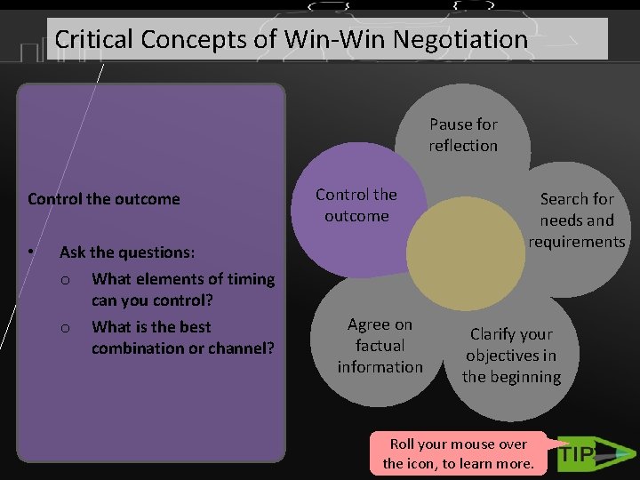 Critical Concepts of Win-Win Negotiation Pause for reflection Control the outcome • Control the