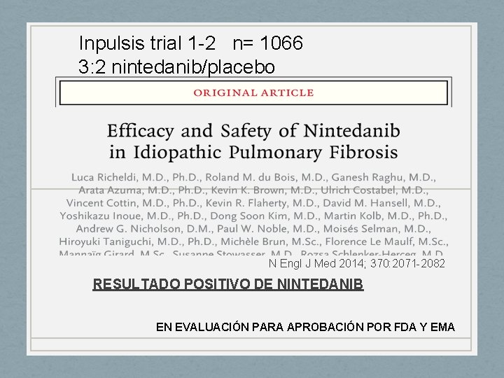 Inpulsis trial 1 -2 n= 1066 3: 2 nintedanib/placebo N Engl J Med 2014;