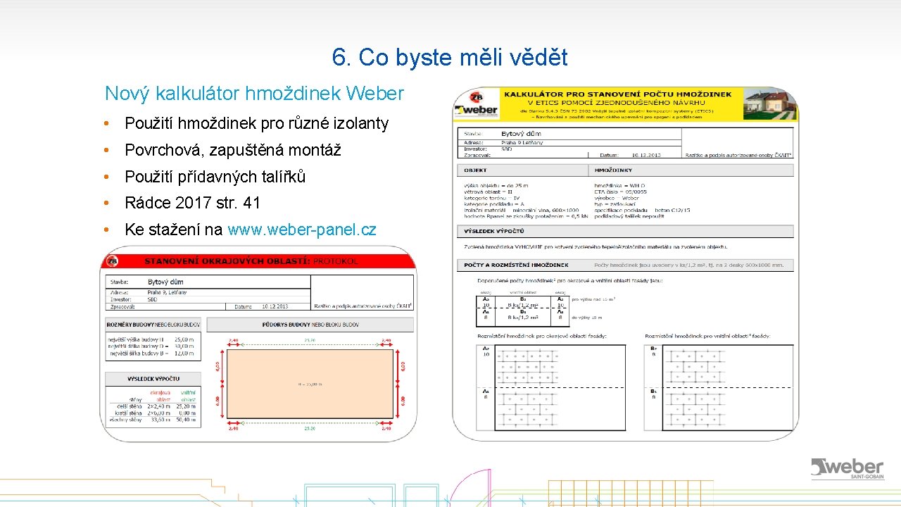 6. Co byste měli vědět Nový kalkulátor hmoždinek Weber • Použití hmoždinek pro různé