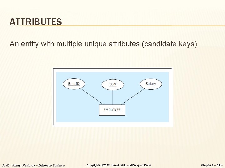 ATTRIBUTES An entity with multiple unique attributes (candidate keys) Jukić, Vrbsky, Nestorov – Database ATTRIBUTES An entity with multiple unique attributes (candidate keys) Jukić, Vrbsky, Nestorov – Database
