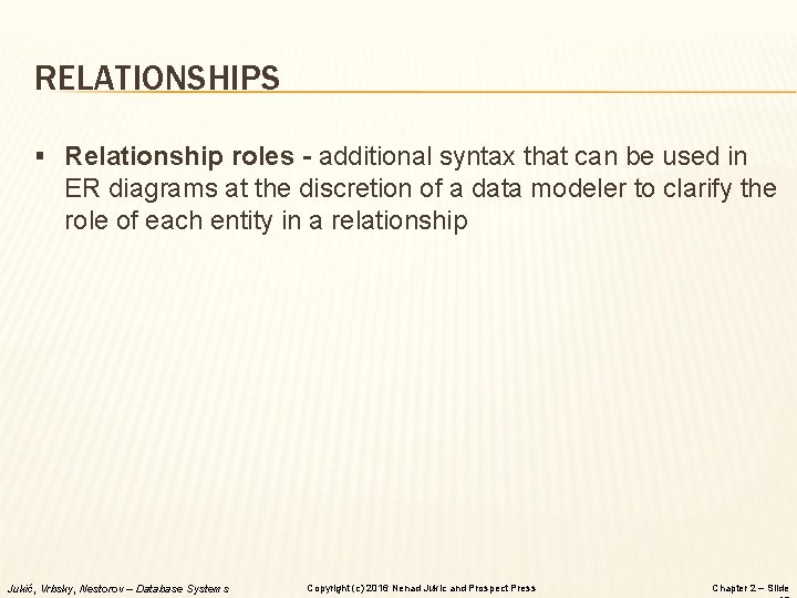 RELATIONSHIPS § Relationship roles - additional syntax that can be used in ER diagrams RELATIONSHIPS § Relationship roles - additional syntax that can be used in ER diagrams
