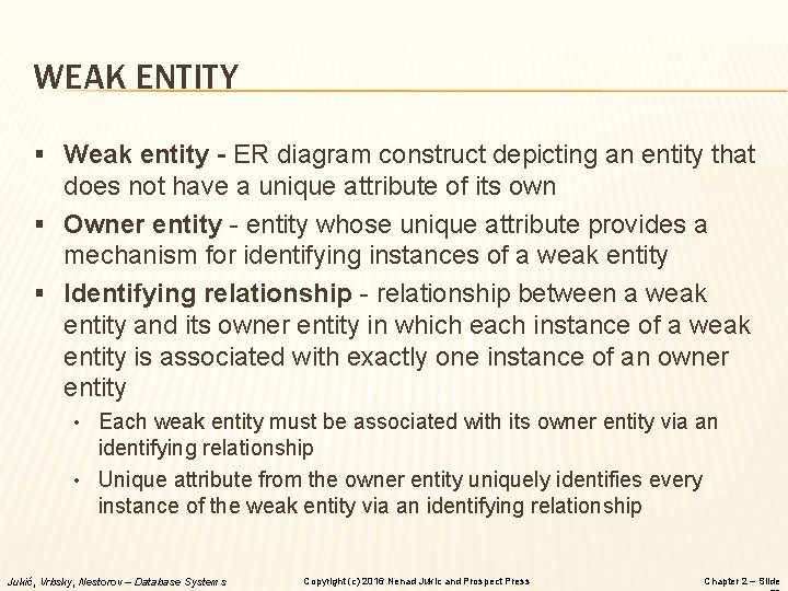 WEAK ENTITY § Weak entity - ER diagram construct depicting an entity that does