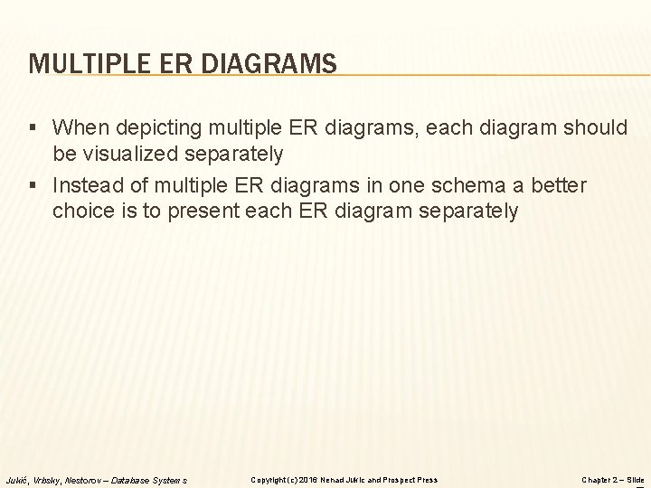 MULTIPLE ER DIAGRAMS § When depicting multiple ER diagrams, each diagram should be visualized