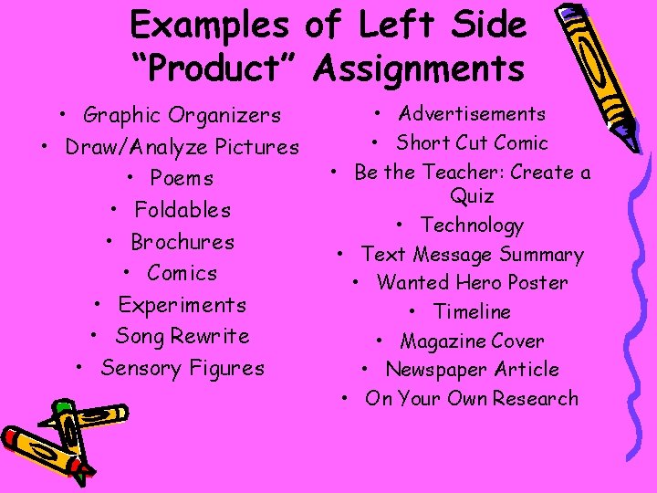 Examples of Left Side “Product” Assignments • Graphic Organizers • Draw/Analyze Pictures • Poems