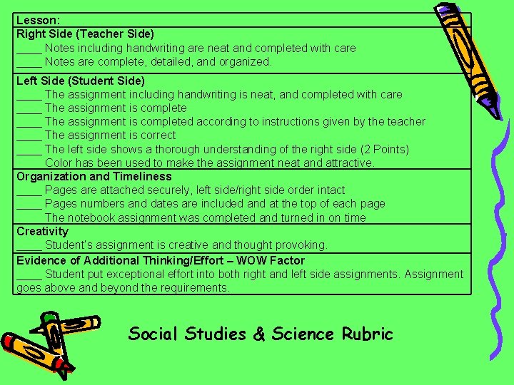 Lesson: Right Side (Teacher Side) ____ Notes including handwriting are neat and completed with