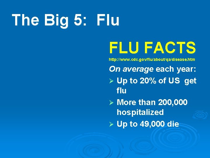 The Big 5: Flu FLU FACTS http: //www. cdc. gov/flu/about/qa/disease. htm On average each