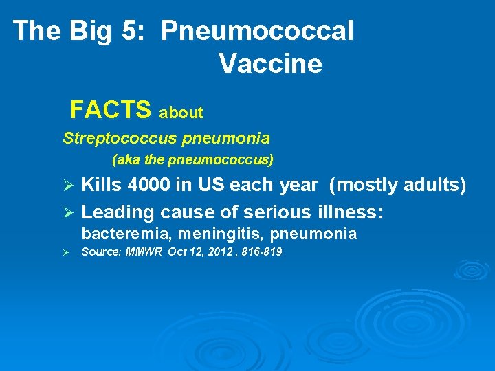 The Big 5: Pneumococcal Vaccine FACTS about Streptococcus pneumonia (aka the pneumococcus) Kills 4000