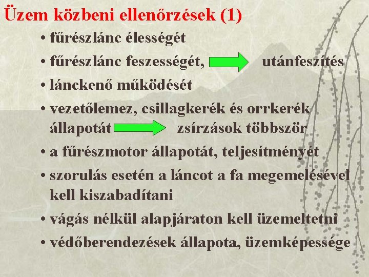 Üzem közbeni ellenőrzések (1) • fűrészlánc élességét • fűrészlánc feszességét, utánfeszítés • lánckenő működését