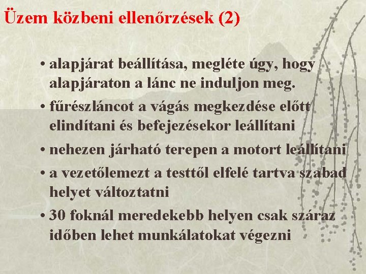 Üzem közbeni ellenőrzések (2) • alapjárat beállítása, megléte úgy, hogy alapjáraton a lánc ne