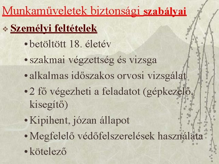 Munkaműveletek biztonsági szabályai v Személyi feltételek • betöltött 18. életév • szakmai végzettség és