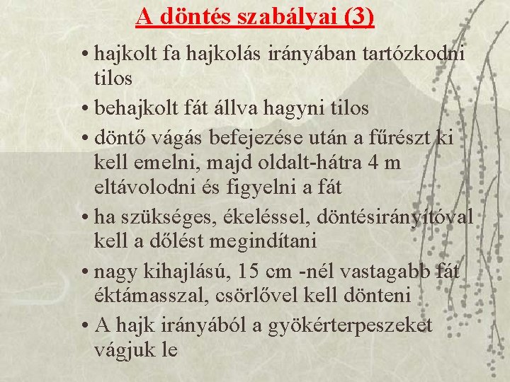 A döntés szabályai (3) • hajkolt fa hajkolás irányában tartózkodni tilos • behajkolt fát
